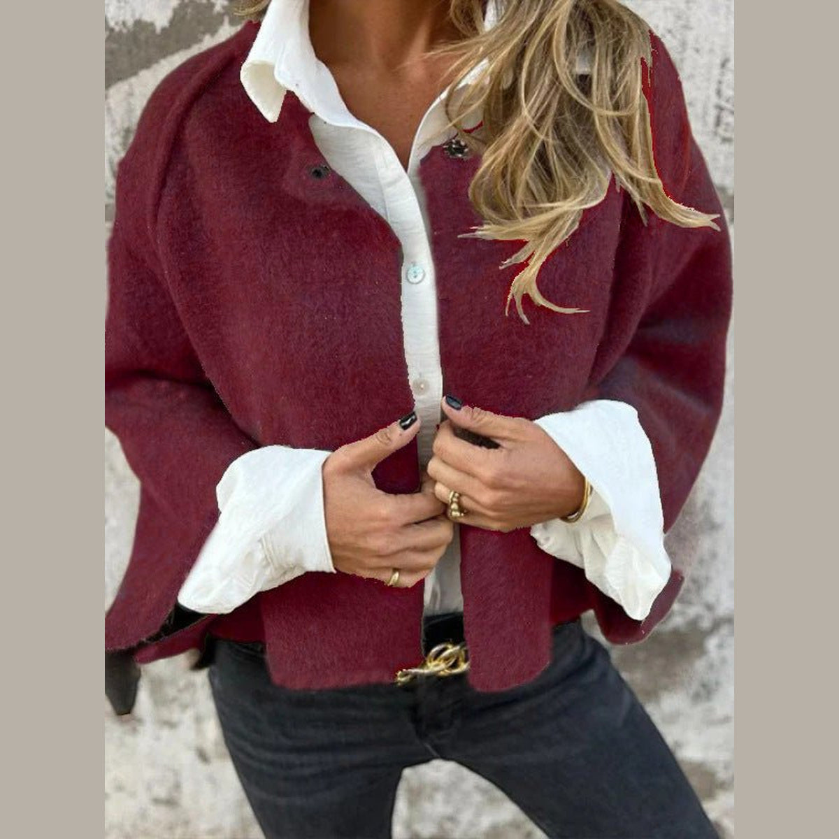Cropped Batwing Cardigan in wine red, front view on a model