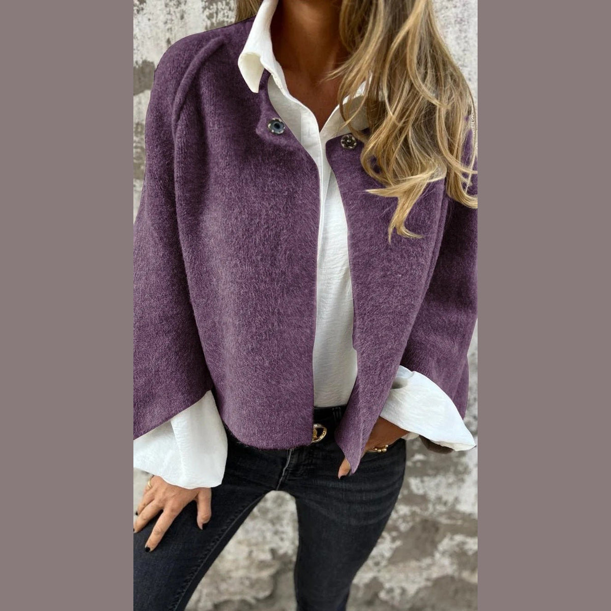 Cropped Batwing Cardigan in purple, front view on a model
