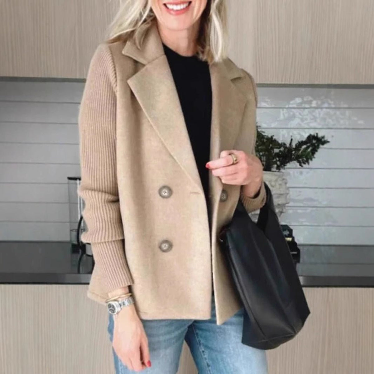 Double-Breasted Knit-Sleeve Jacket in beige, front view on a model