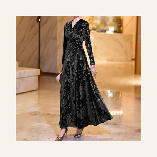 Floral Velvet High-Waist A-Line Dress in black, front view on a model