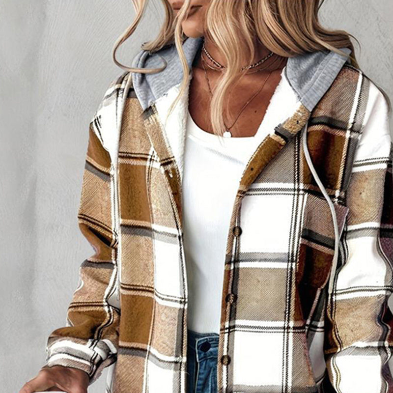 Women's Plaid Hoodie Long Sleeve Jacket Button Drawstring Casual Fall Shirts Shacket With Pocket