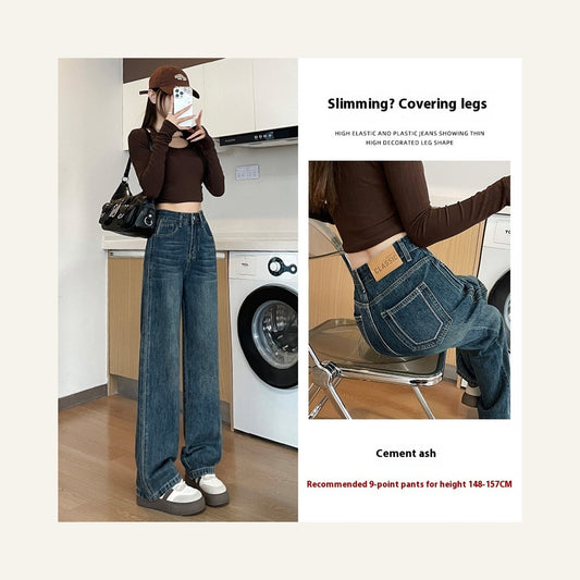 High-Waist Straight-Leg Cotton Jeans in cement gray, ankle-length fit and waist detail