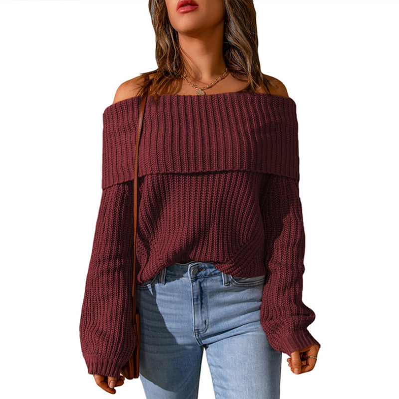 Women's Off-Shoulder Textured Knit Sweater - 2026 Winter Collection Long Sleeve Top