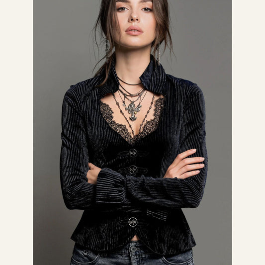 Velvet V-Neck Flare-Sleeve Top in black, V-neck and button detail