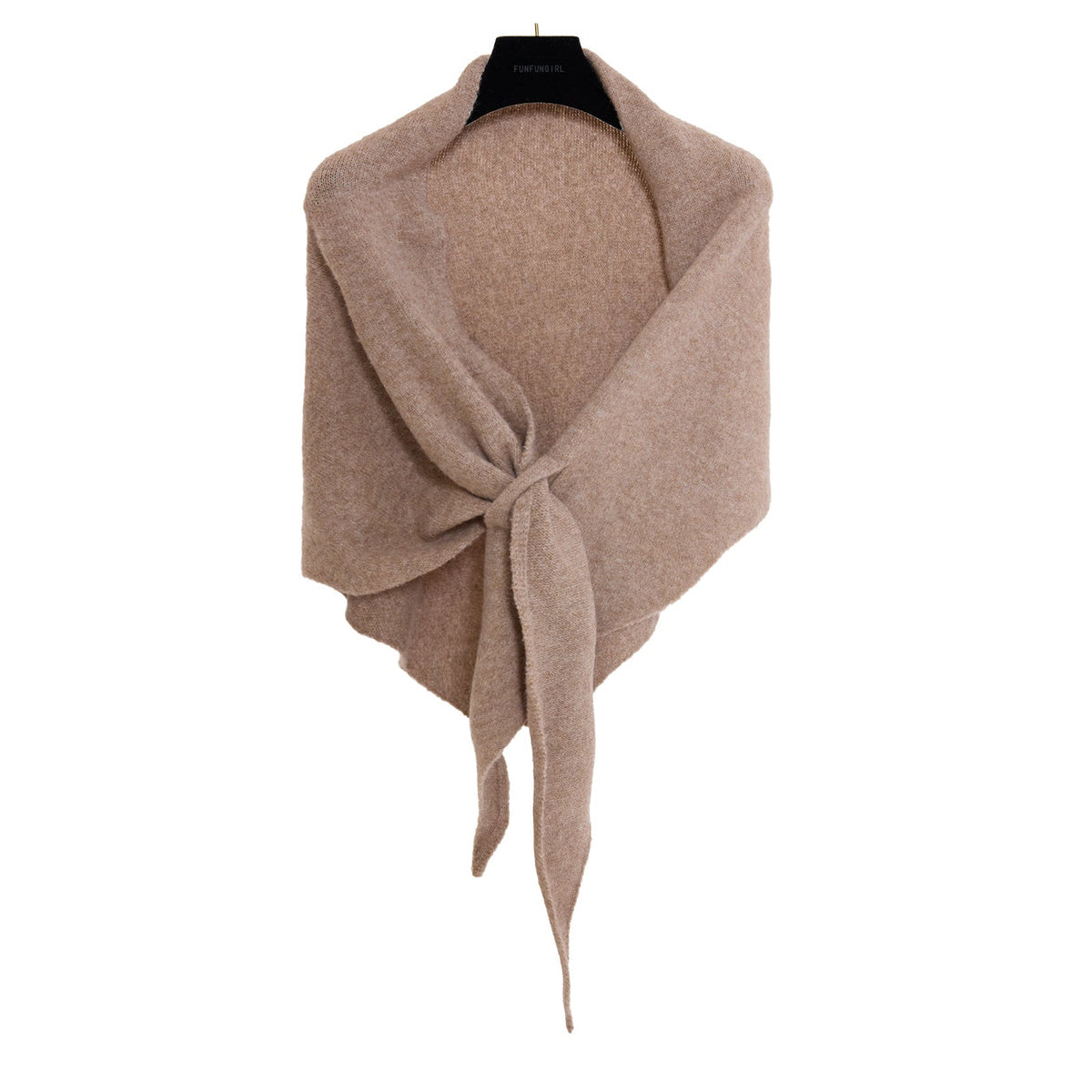 Soft Knit Triangle Shawl in beige, displayed on a hanger