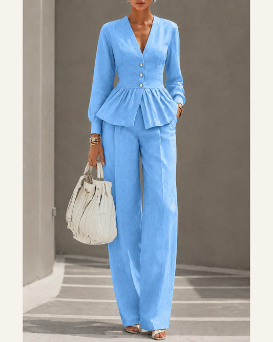 V-Neck Long-Sleeve Top & Wide-Leg Pant Set — product view