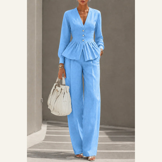 V-Neck Long-Sleeve Top & Wide-Leg Pant Set in light blue, front view on a model