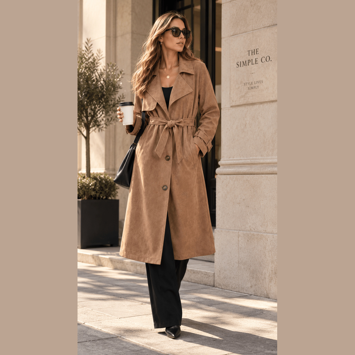 Suede-Effect Belted Trench Coat in brown, styled outdoors
