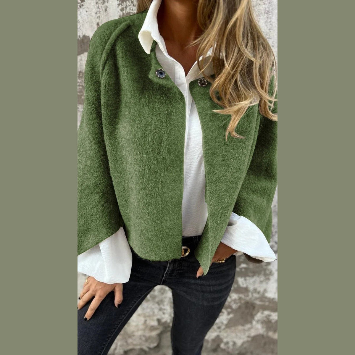 Cropped Batwing Cardigan in green, front view on a model