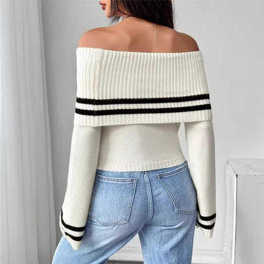 The Women's Off-shoulder Crop Knitted Bell Sleeve Sweater