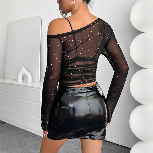 The Women's Black Sequin Mesh Asymmetrical-neck Long-sleeve Top