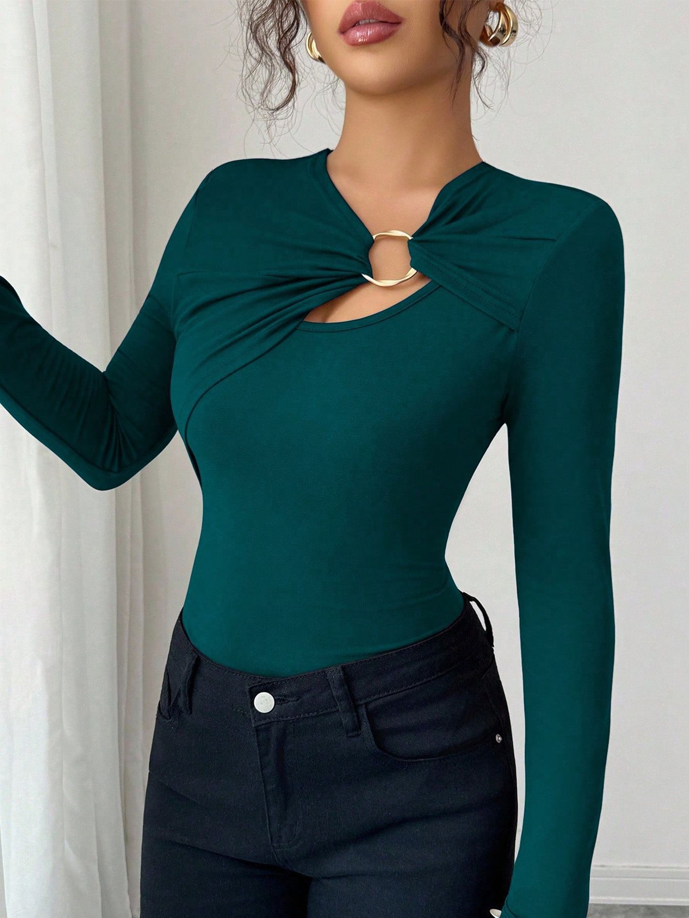 Asymmetric Hollow Metal Trim Slim Top - Elegant Long Sleeve Pullover
