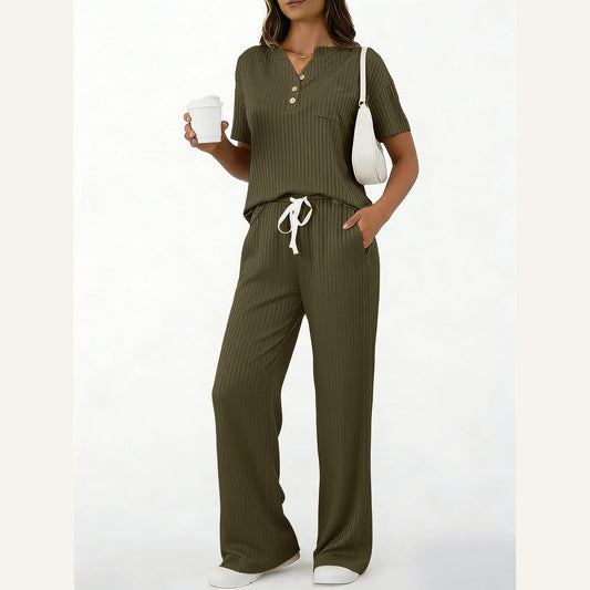 Ribbed Knit Top & Pant Set in army green, front view on a model