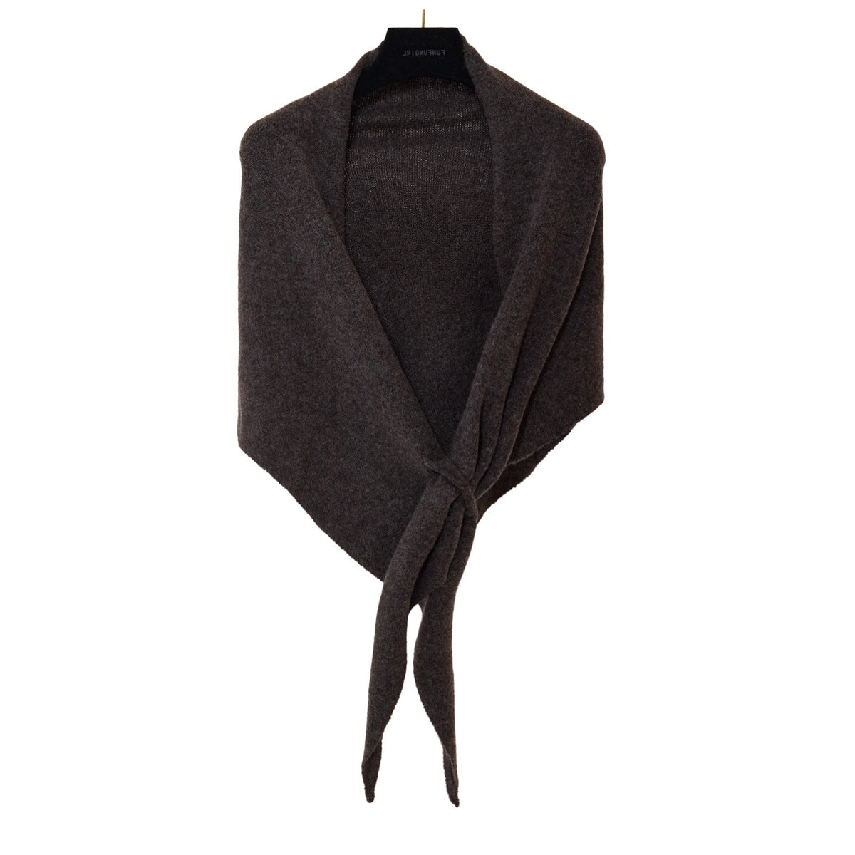 Soft Knit Triangle Shawl in coffee, displayed on a hanger