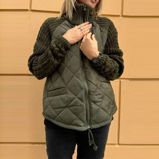 Quilted Knit-Sleeve Funnel Jacket in army green, front view on a model