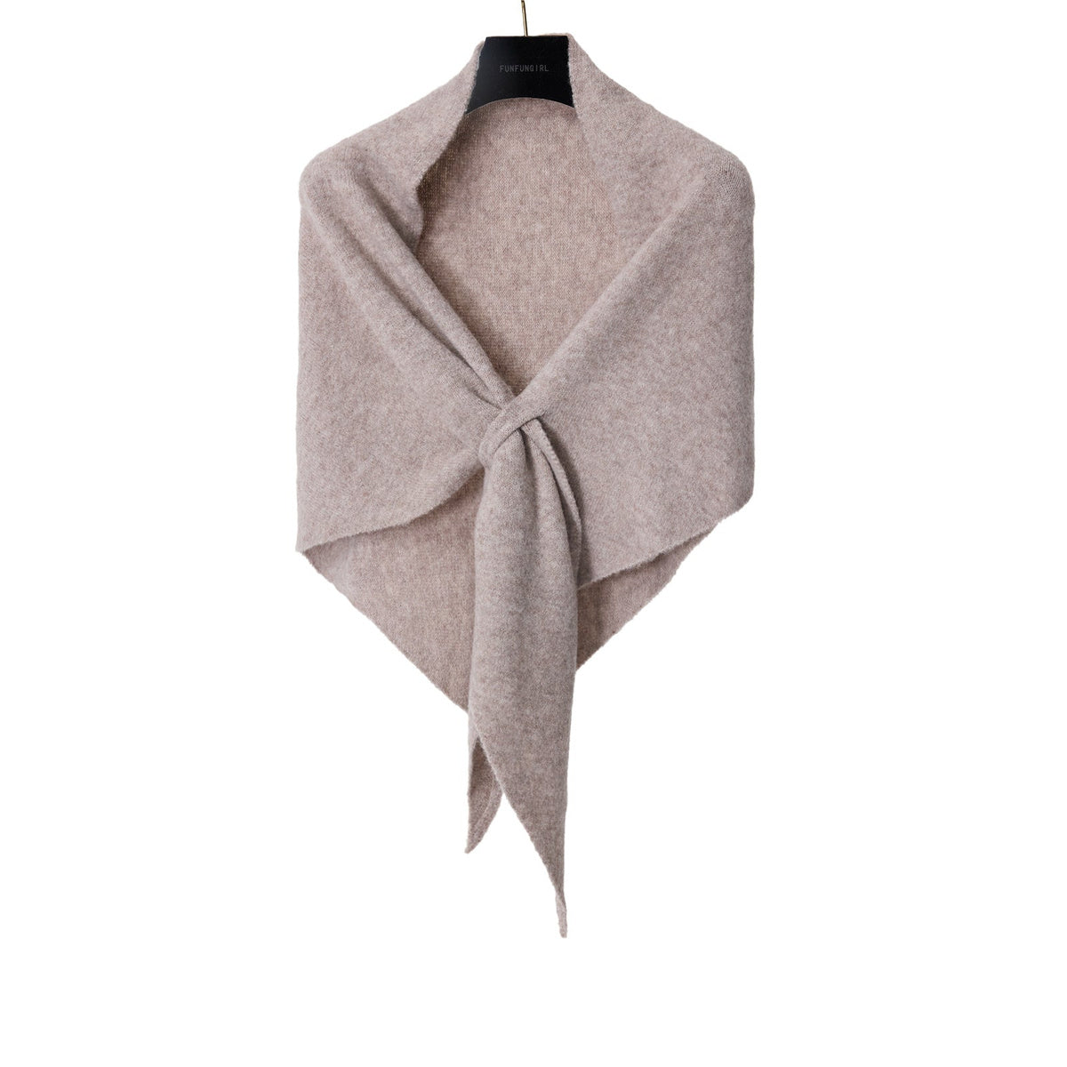 Soft Knit Triangle Shawl in oatmeal, displayed on a hanger