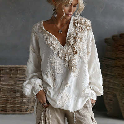 The Loose-Fit V-Neck Printed Top - 3D Art Design