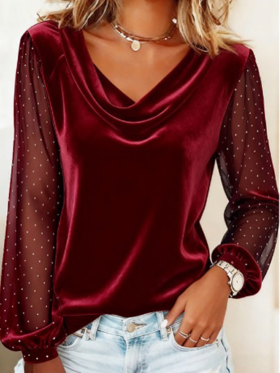Elegant V-Neck Velvet T-Shirt - Diamond Mesh Sleeve Loose Tee