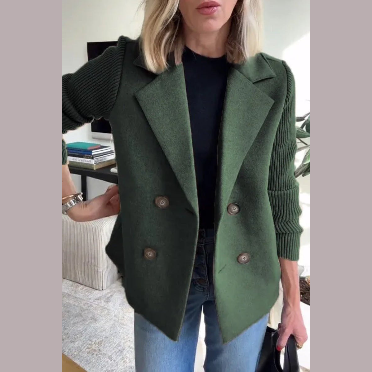 Double-Breasted Knit-Sleeve Jacket in dark green, front view on a model