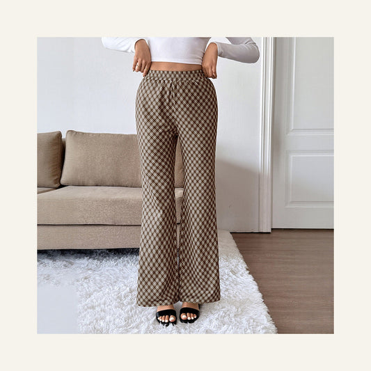 Plaid Stretch Trousers in brown, front view on a model
