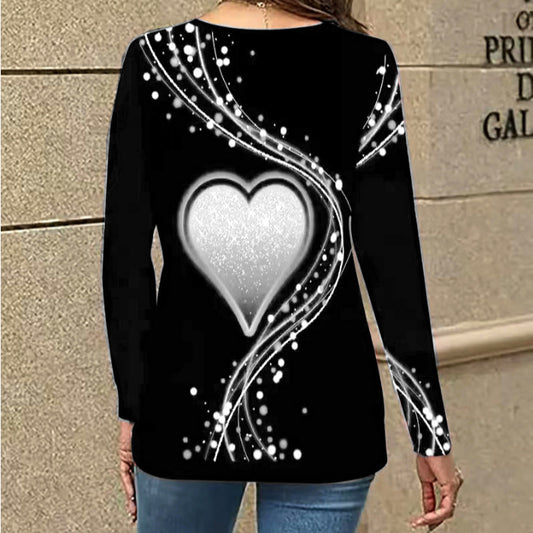 The Women's Casual Long Sleeve Top With A Heart Patterned V Neck