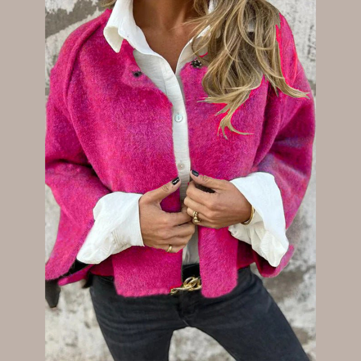Cropped Batwing Cardigan in rose red, front view on a model
