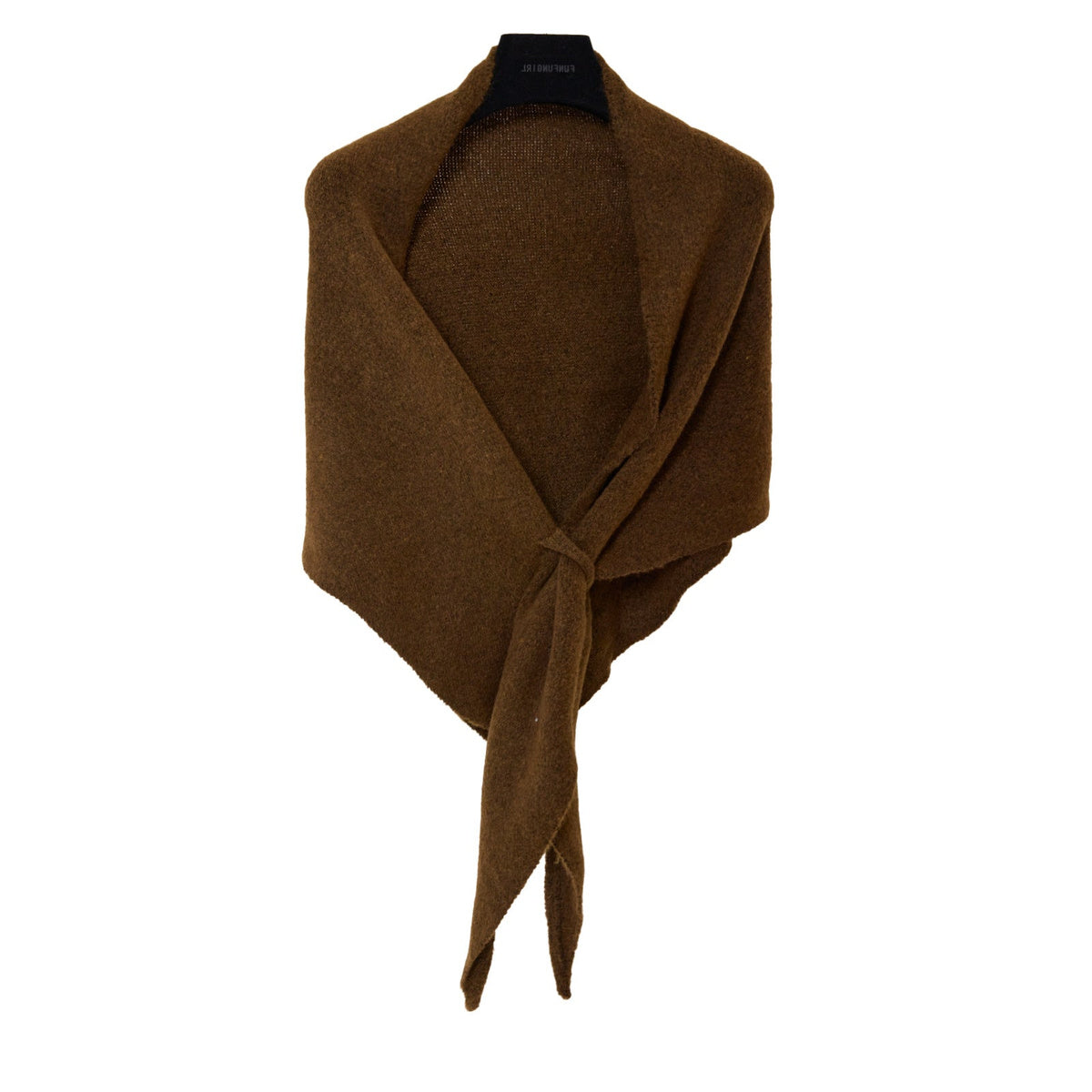Soft Knit Triangle Shawl in warm brown, displayed on a hanger
