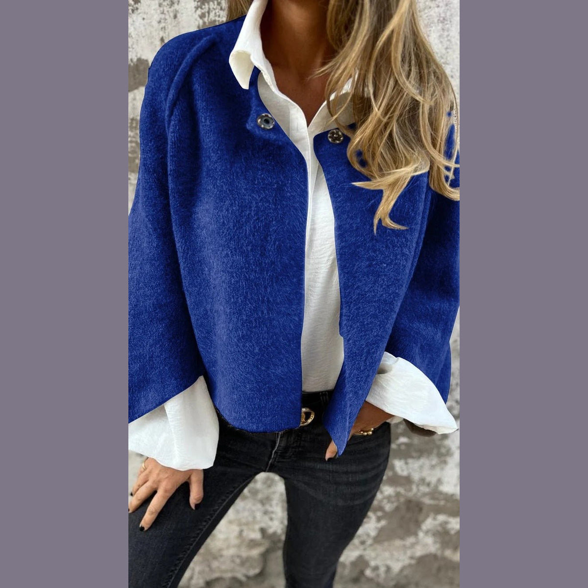 Cropped Batwing Cardigan in blue, front view on a model