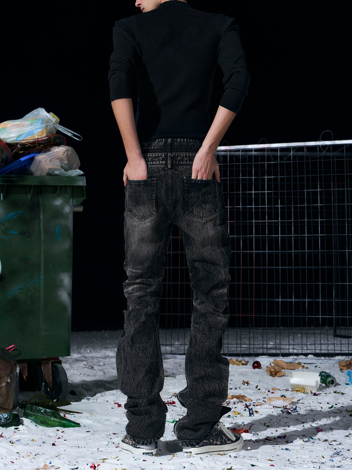 Bamboo-Stripe Double-Waist Metal Button Cat-Foot Denim Jeans