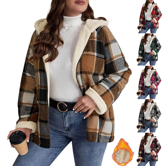 Fleece-Lined Plaid Hooded Coat - Vintage Style Thickened Jacket