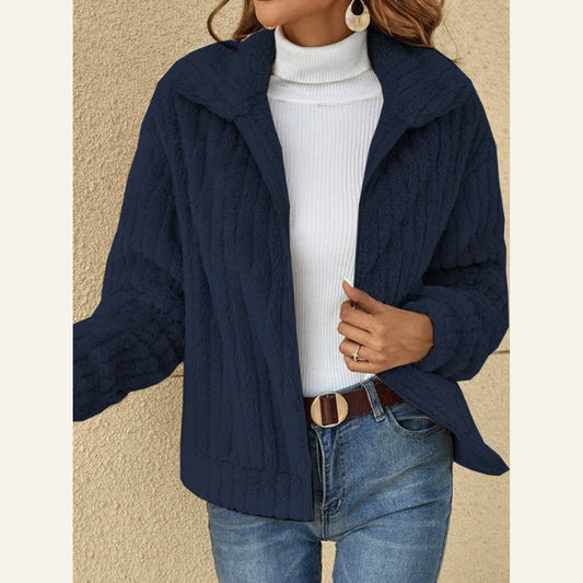 Cropped Lapel Jacket in navy blue, front view on a model