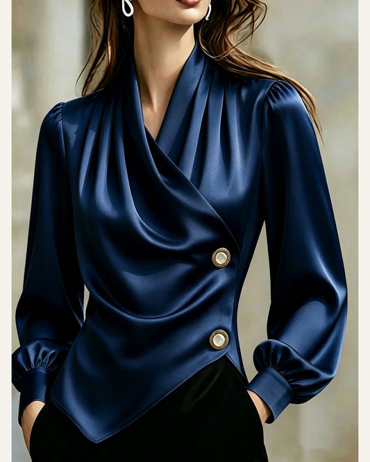 Asymmetric Pearl-Button Long-Sleeve Blouse — additional product view