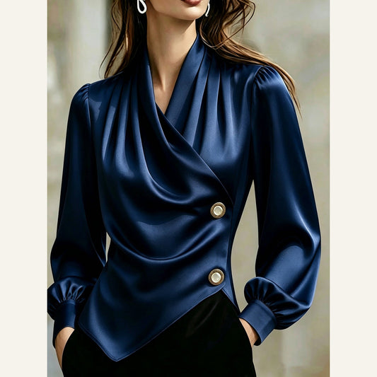 Asymmetric Pearl-Button Long-Sleeve Blouse in navy blue, front view on a model