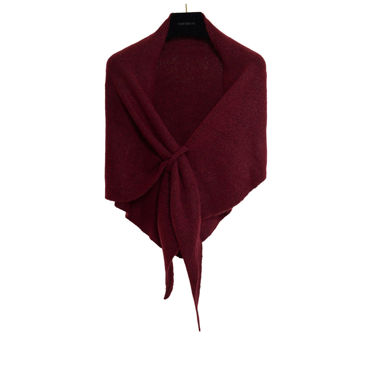Soft Knit Triangle Shawl in purplish red, displayed on a hanger
