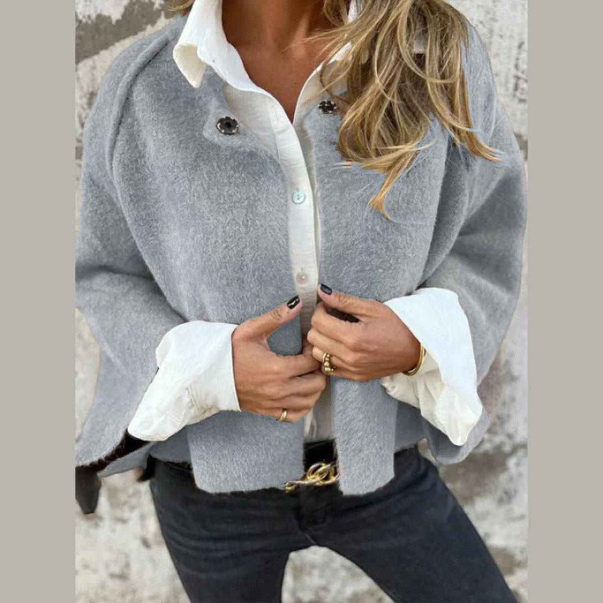Cropped Batwing Cardigan in light gray, front view on a model