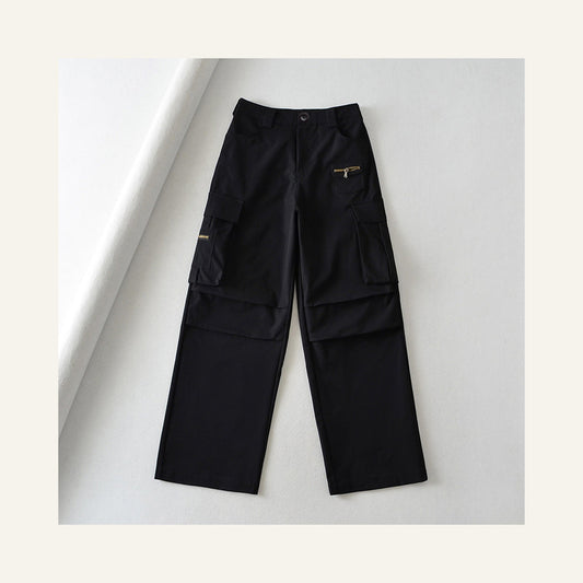 High-Waist Multi-Pocket Cargo Pants in black, front view shown flat