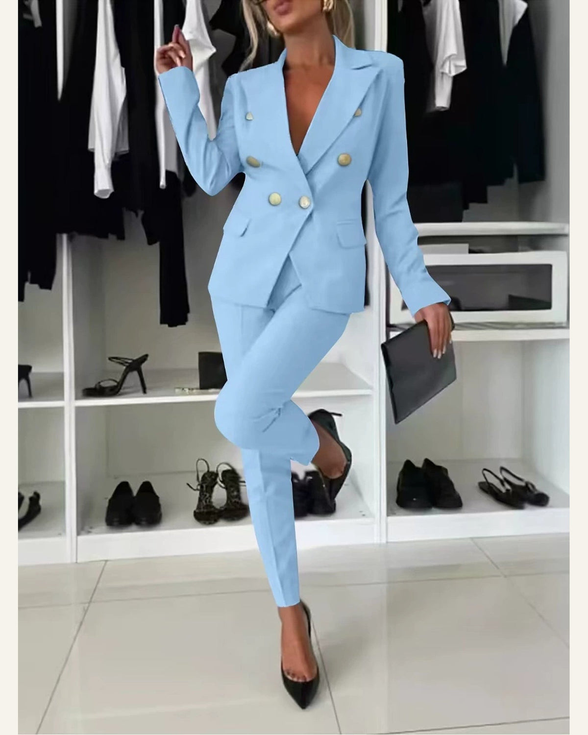 Tailored Two-Piece Blazer & Trouser Set — Sky Blue