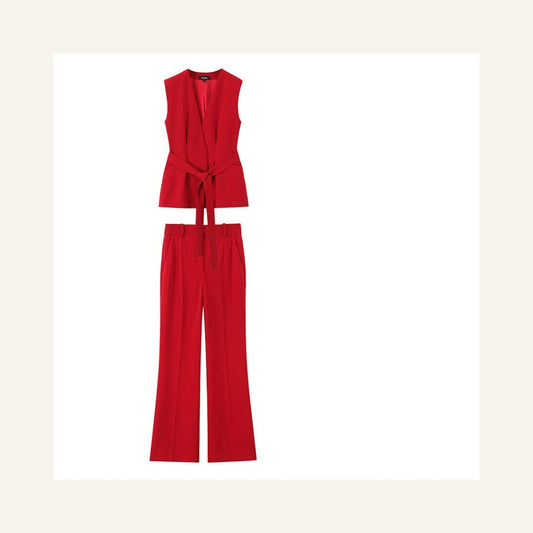 Belted Vest & Flared Trouser Separates in red, vest and trousers shown flat