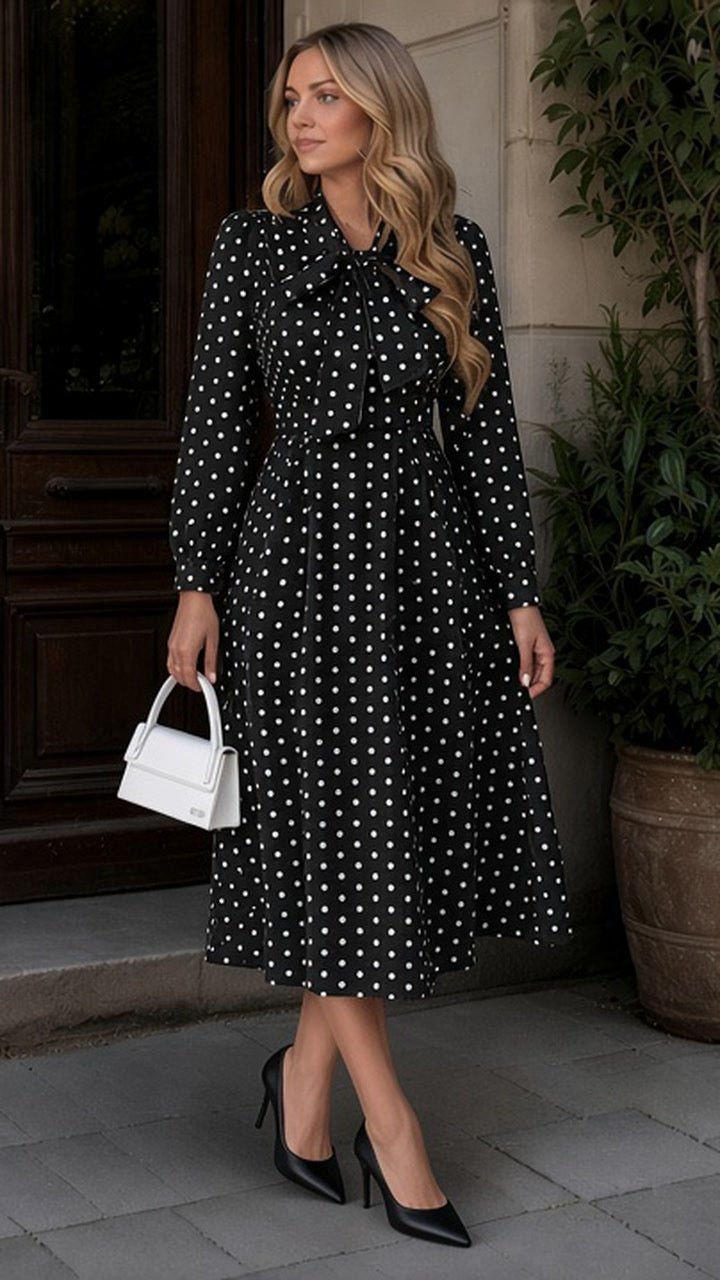 Polka Dot Bow-Tie Neck Long Sleeve A-Line Dress