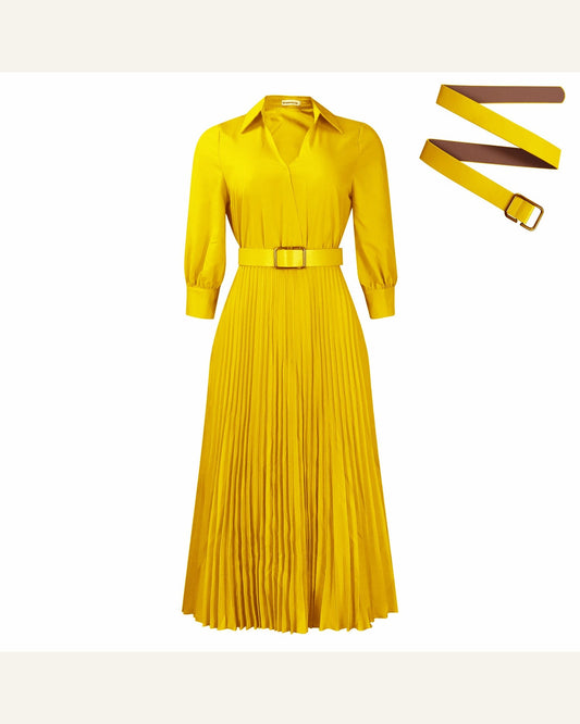 Belted V-Neck Long-Sleeve A-Line Dress detail view