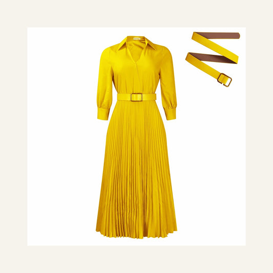 Belted V-Neck Long-Sleeve A-Line Dress in yellow, dress and belt shown flat
