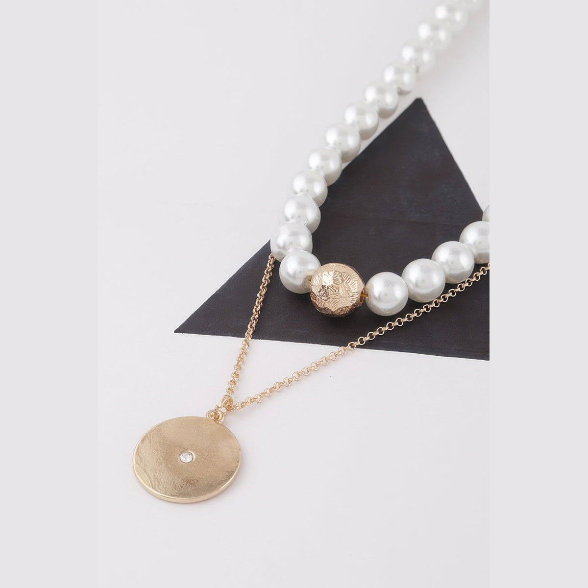 Pearl-Effect & Disc Layered Necklace in gold and cream, disc and pearl-effect bead detail