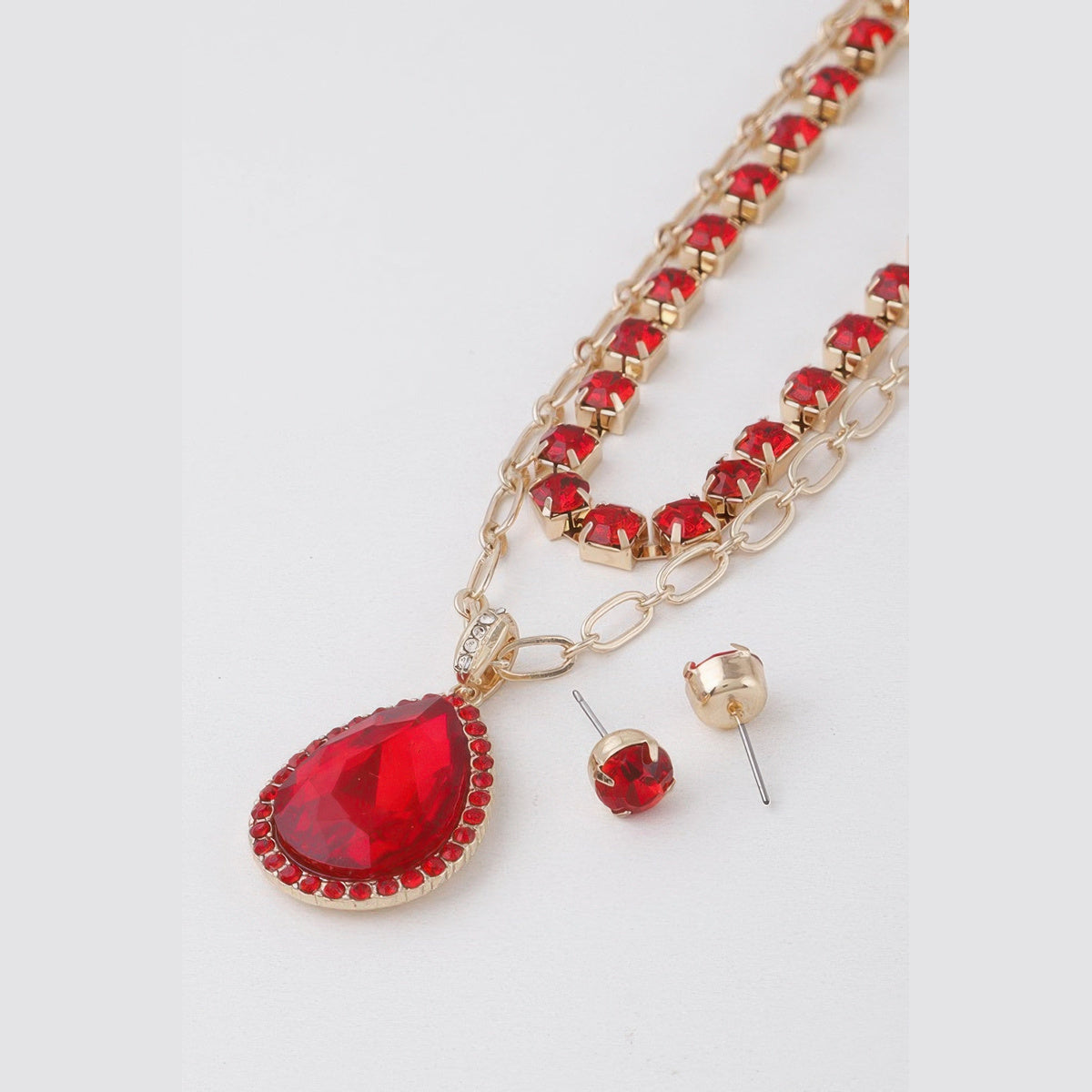 Jeweled Teardrop Layered Necklace in gold with red stones, teardrop pendant detail