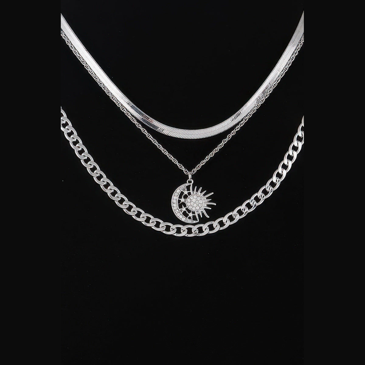 Sun & Moon Layered Necklace in silver with clear stones, sun and moon pendant detail