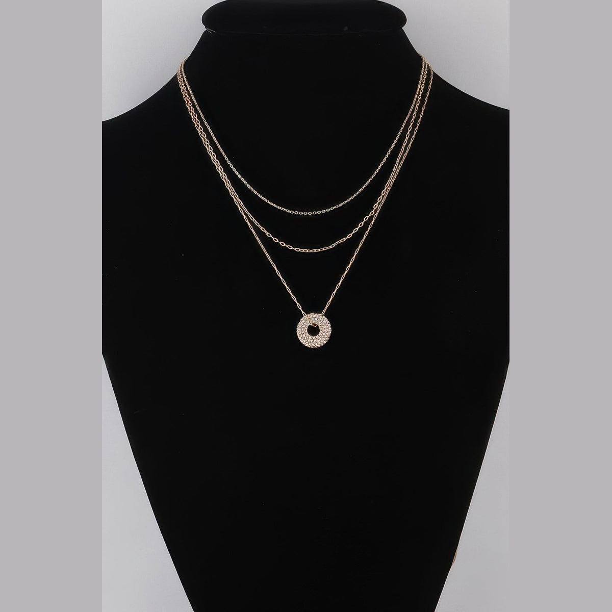 Jeweled Circle Layered Necklace in silver with clear stones, layered chain detail