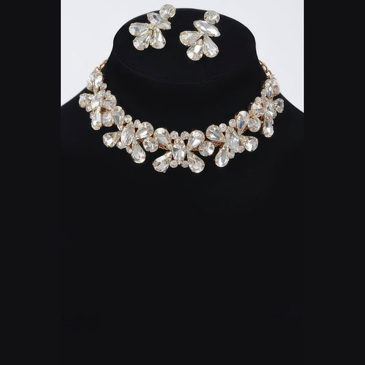Floral Stone Necklace & Earring Set in gold with clear stones, necklace and earrings displayed together