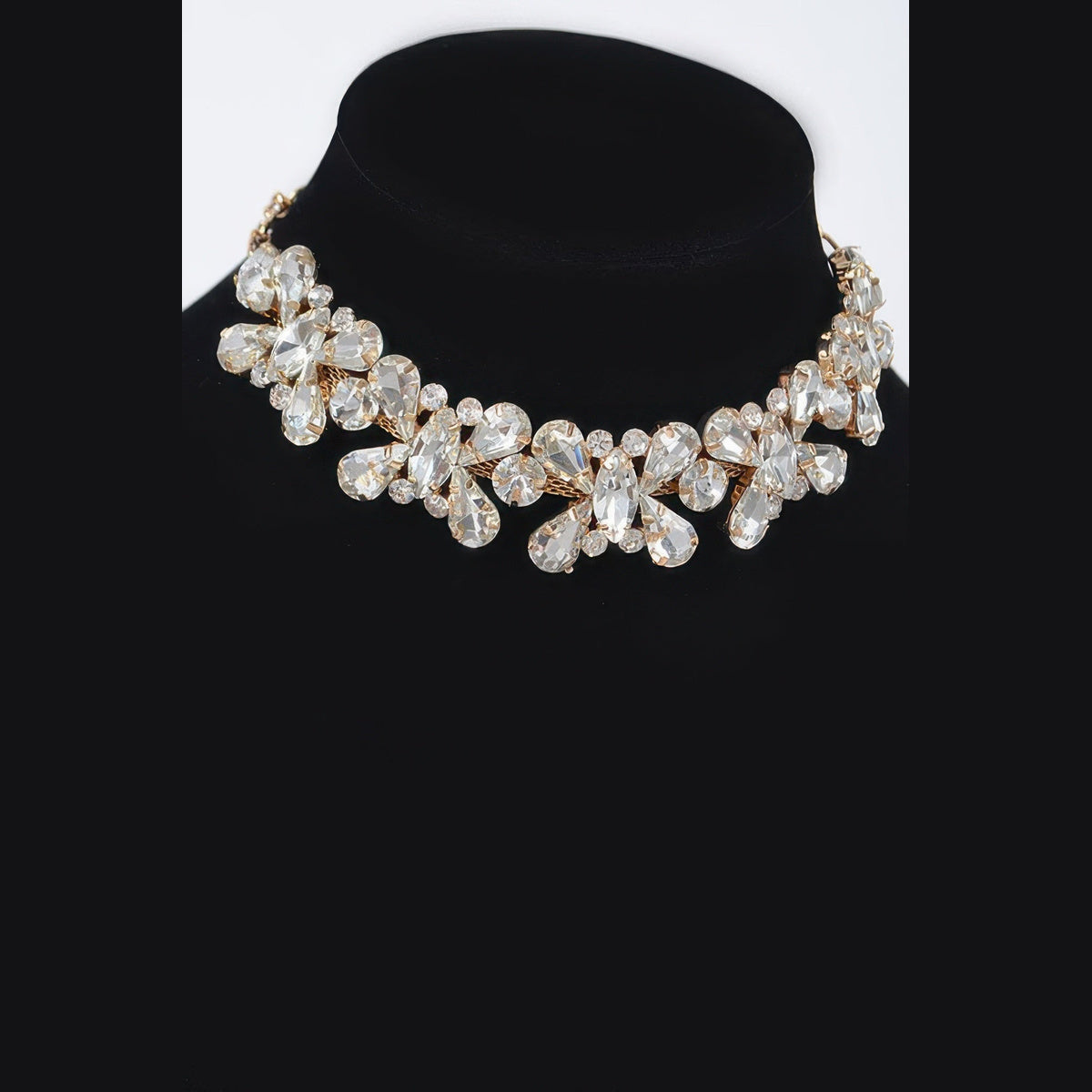 Floral Stone Necklace & Earring Set in gold with clear stones, necklace close-up