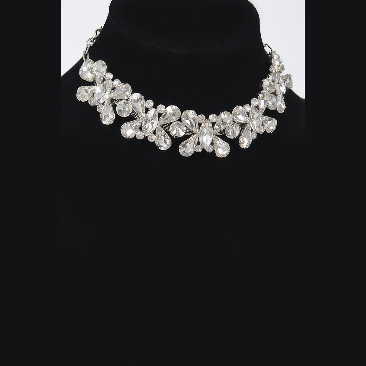 Floral Stone Necklace & Earring Set in silver with clear stones, necklace close-up