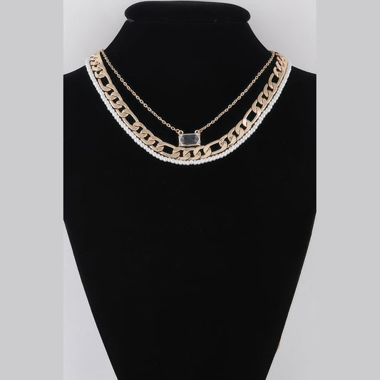 Jeweled & Pearl-Effect Layered Necklace in gold and cream, displayed on a necklace bust
