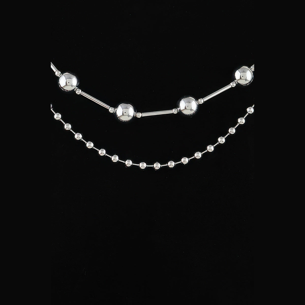 Double-Layer Bead & Bar Necklace in silver, bead and bar detail